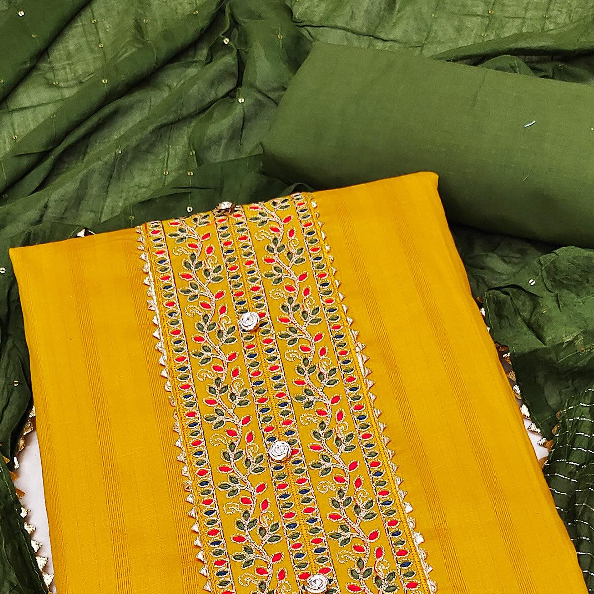 Yellow Embroidered Pure Cotton Dress Material - Peachmode