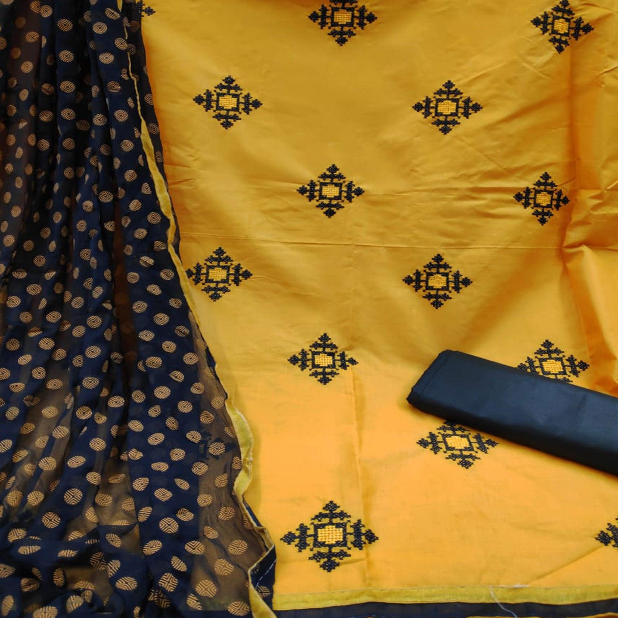 Yellow Embroidered Pure Cotton Dress Material - Peachmode
