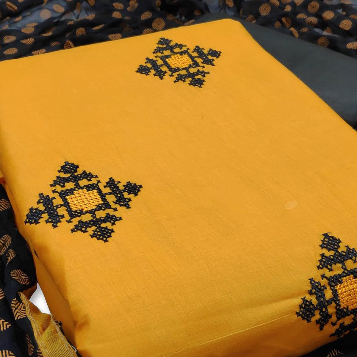Yellow Embroidered Pure Cotton Dress Material - Peachmode
