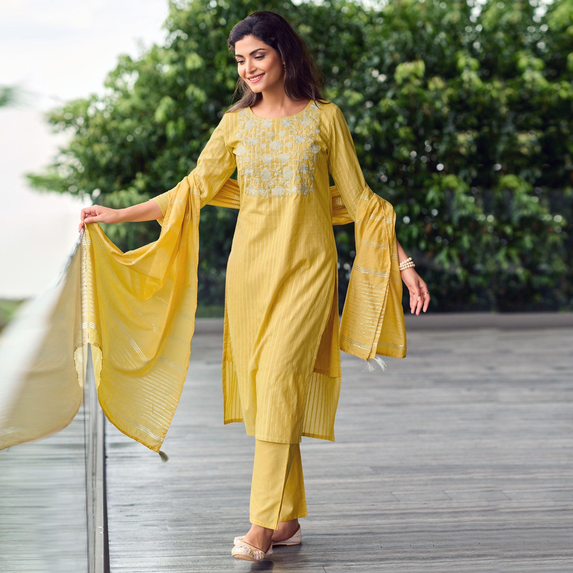 Yellow Embroidered Pure Cotton Kurti Pant Set With Dupatta - Peachmode