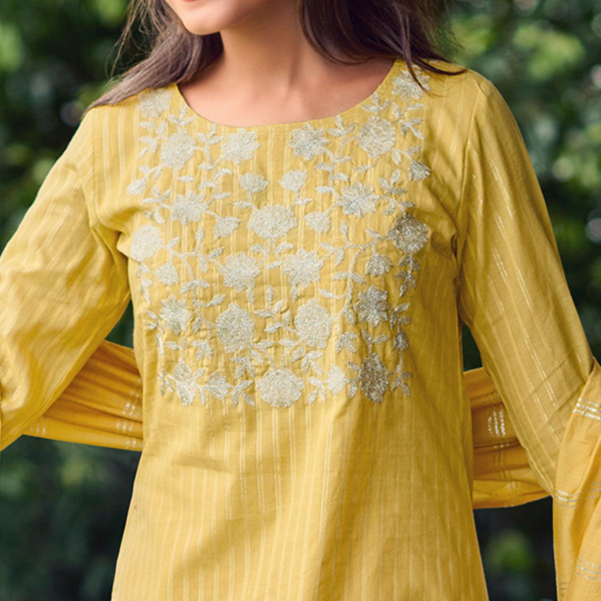 Yellow Embroidered Pure Cotton Kurti Pant Set With Dupatta - Peachmode