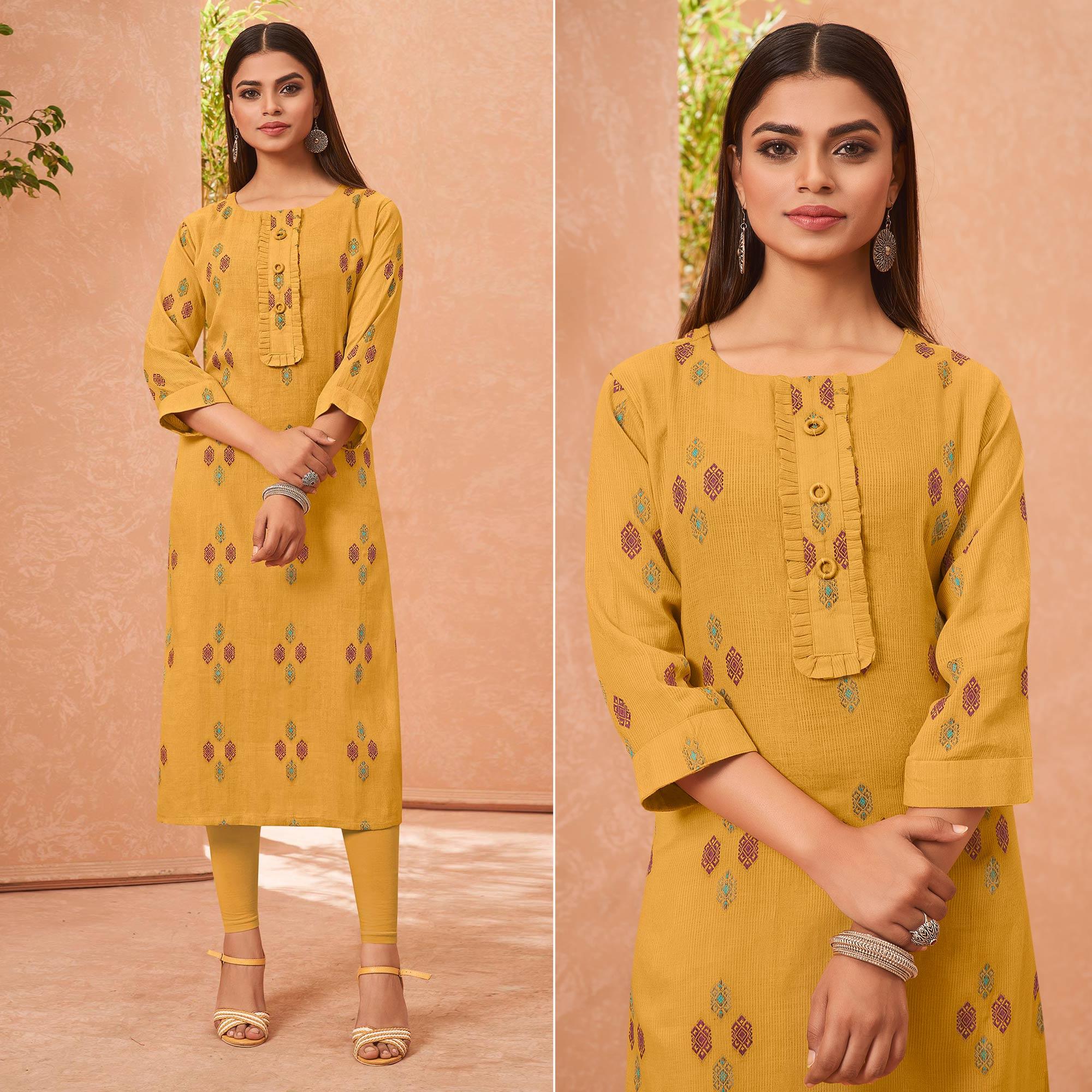 Yellow Embroidered Pure Cotton Kurti - Peachmode