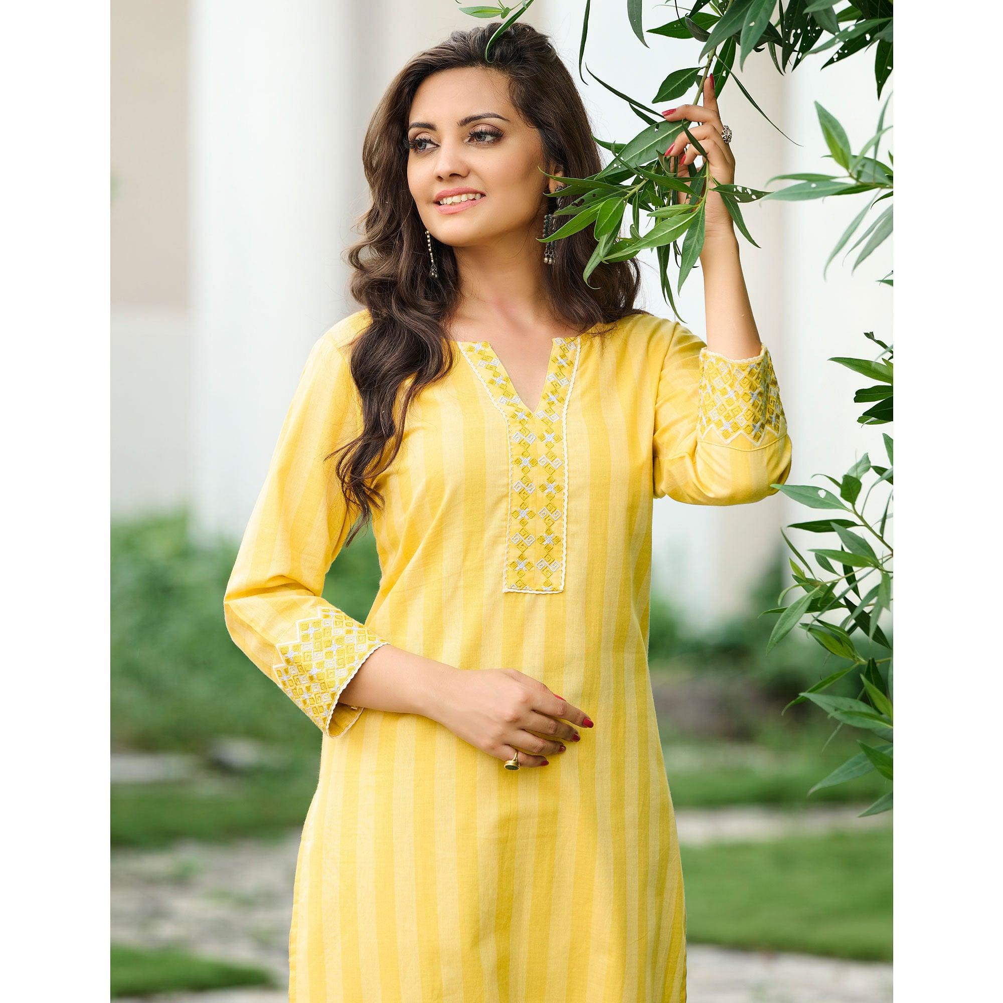 Yellow Embroidered Pure Cotton Kurti - Peachmode