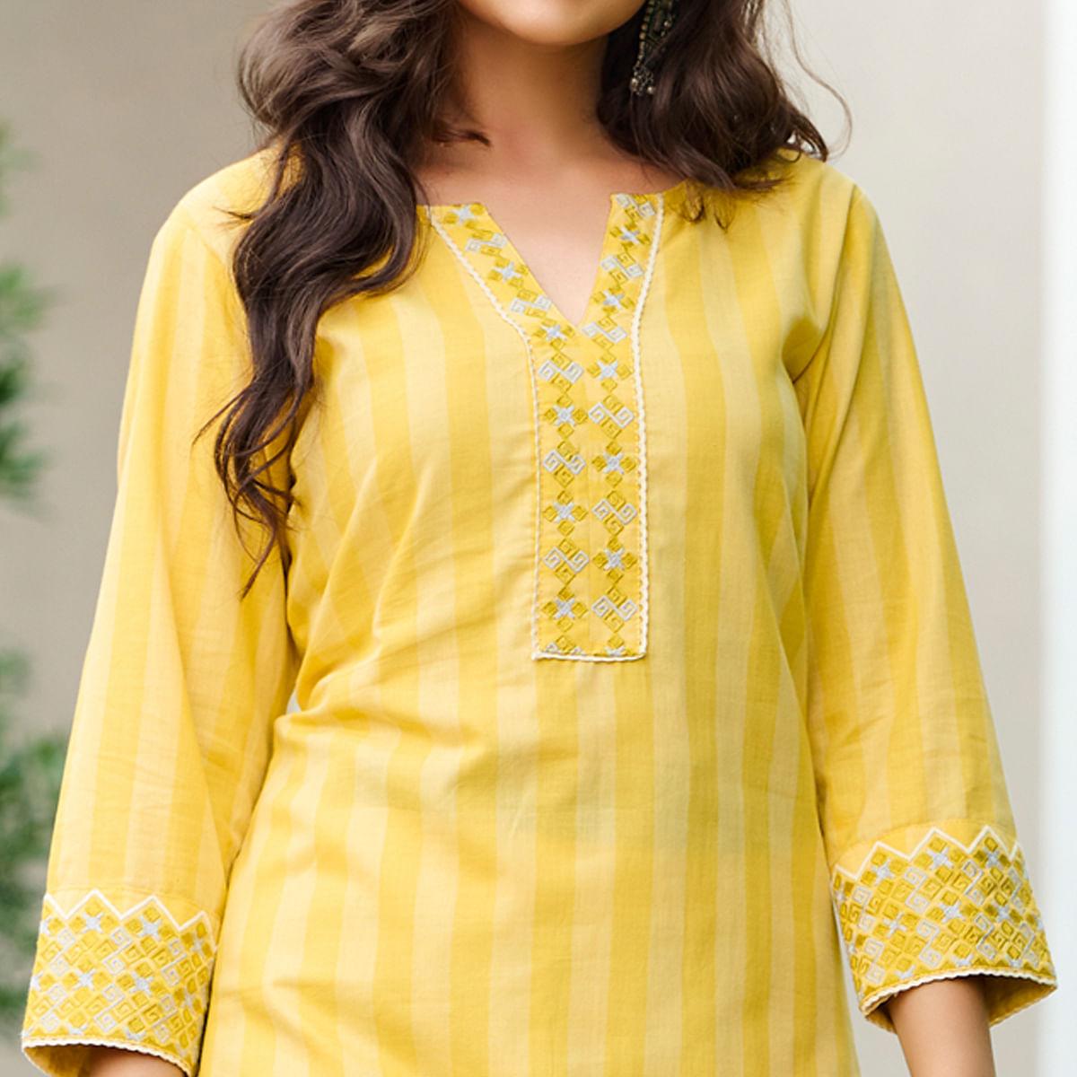 Yellow Embroidered Pure Cotton Kurti - Peachmode