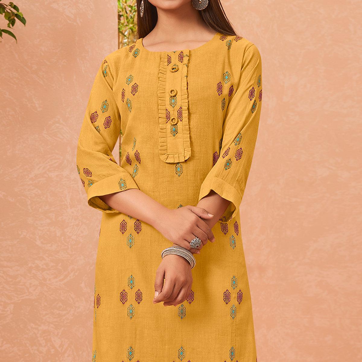 Yellow Embroidered Pure Cotton Kurti - Peachmode