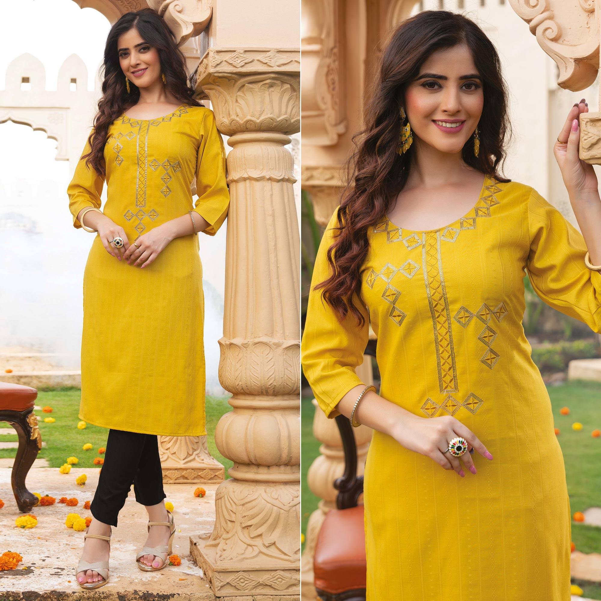 Yellow Embroidered Rayon Kurti - Peachmode