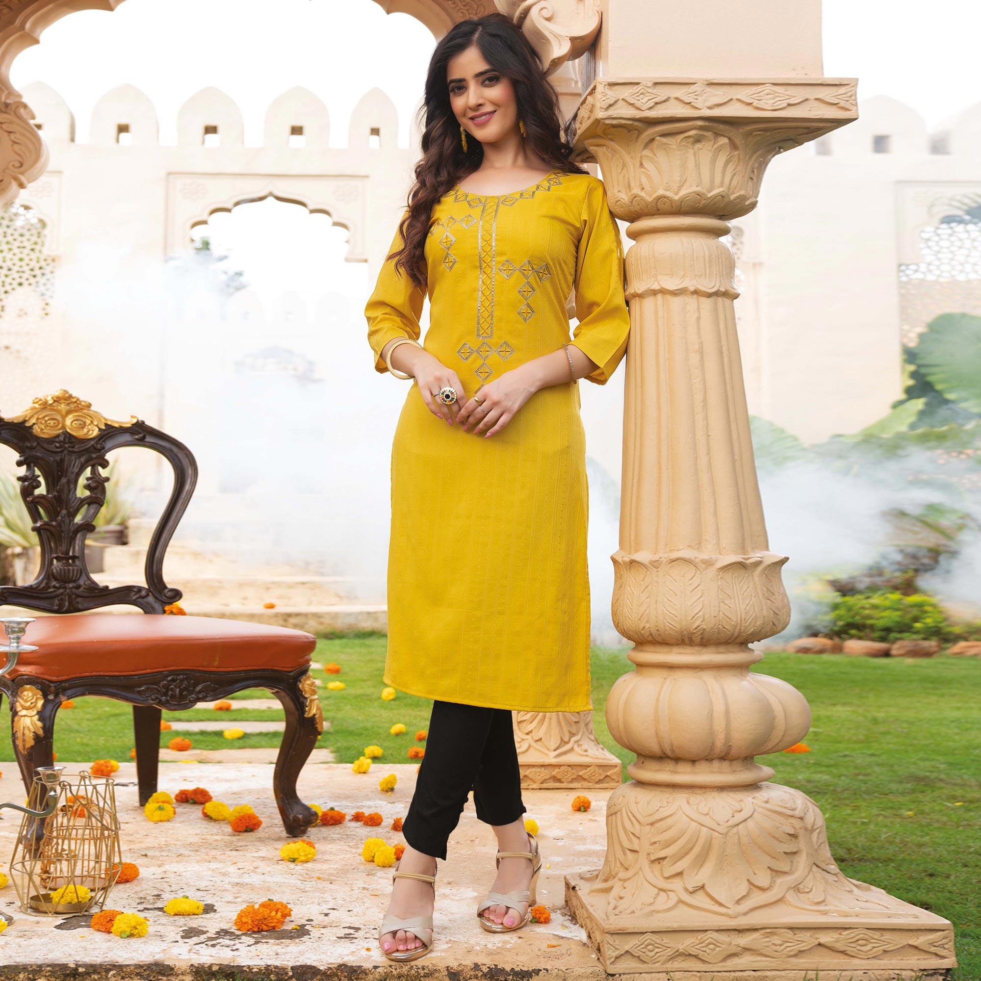 Yellow Embroidered Rayon Kurti - Peachmode