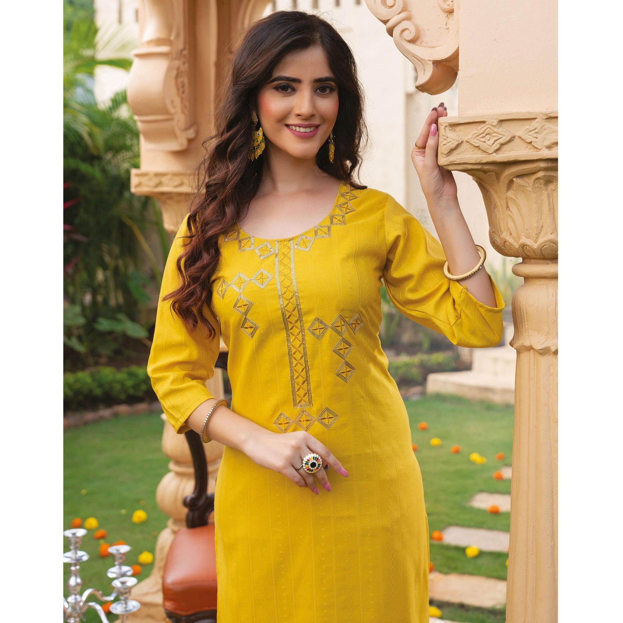 Yellow Embroidered Rayon Kurti - Peachmode