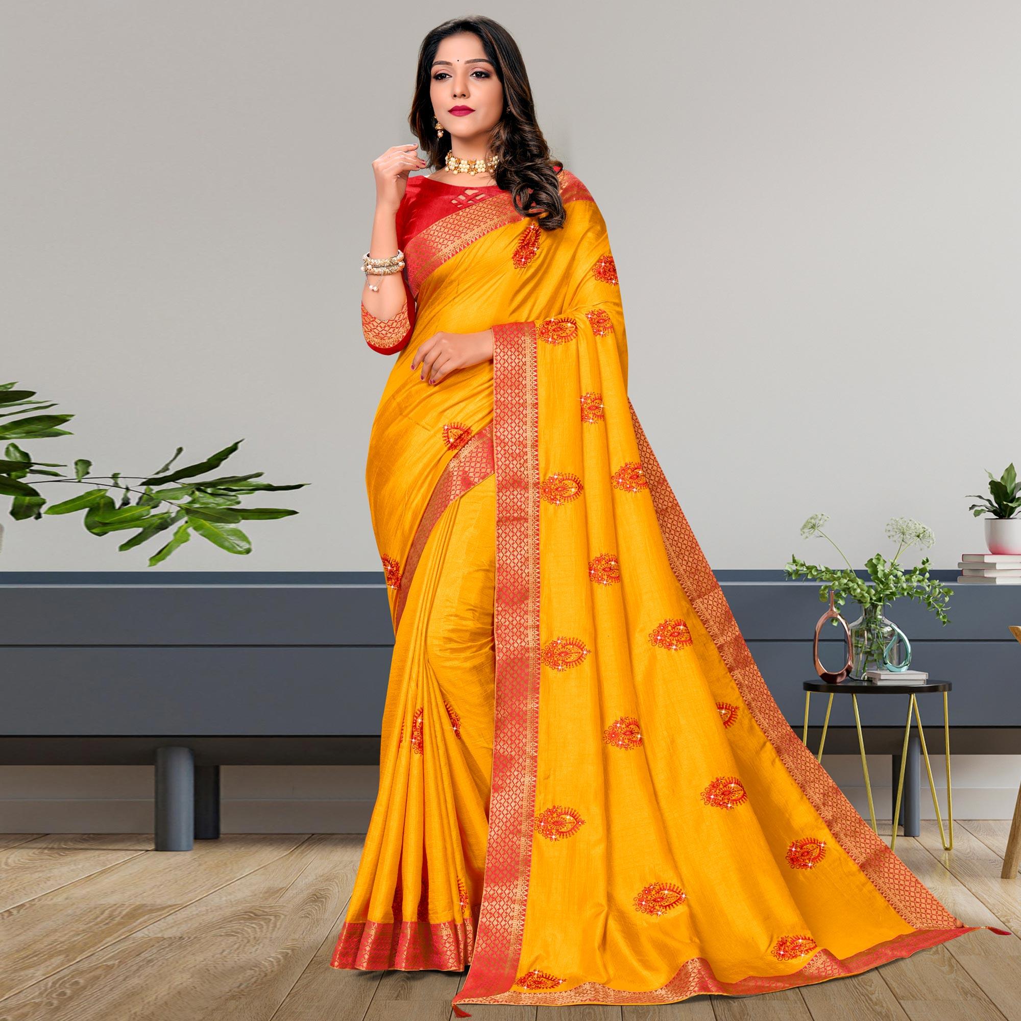 Yellow Embroidered Vichitra Silk Saree - Peachmode