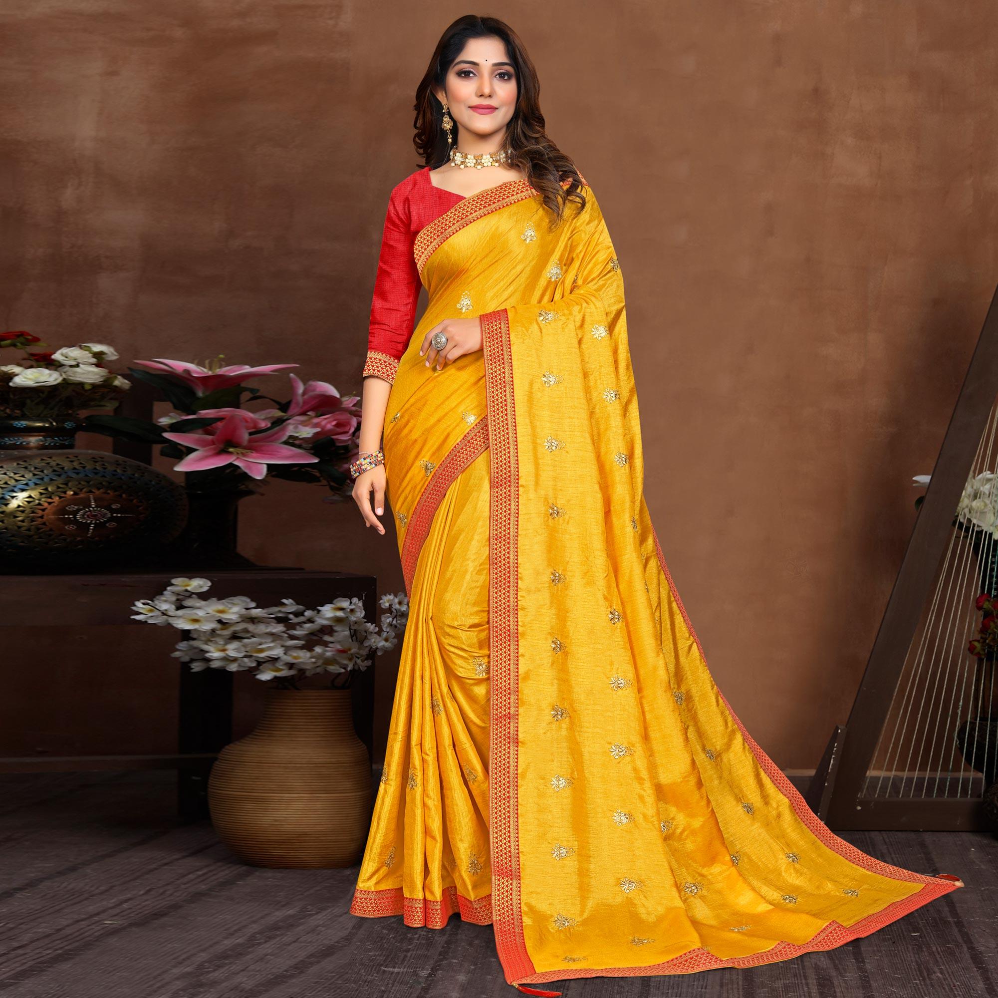 Yellow Embroidered Vichitra Silk Saree - Peachmode