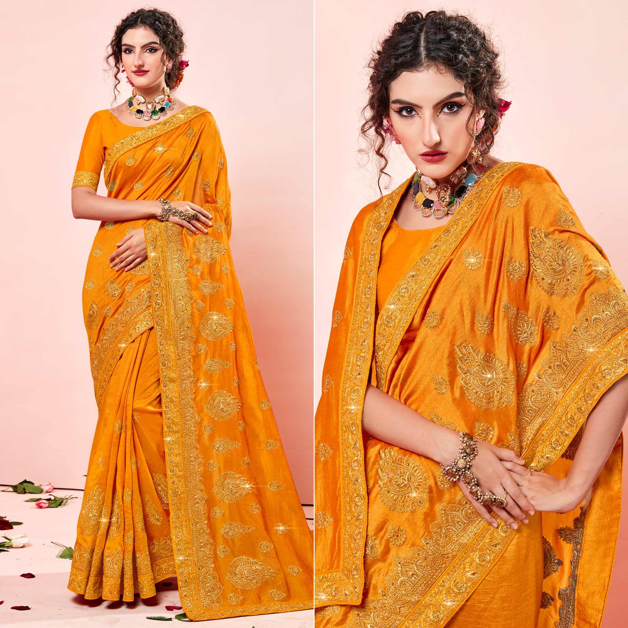 Yellow Embroidered Vichitra Silk Saree - Peachmode