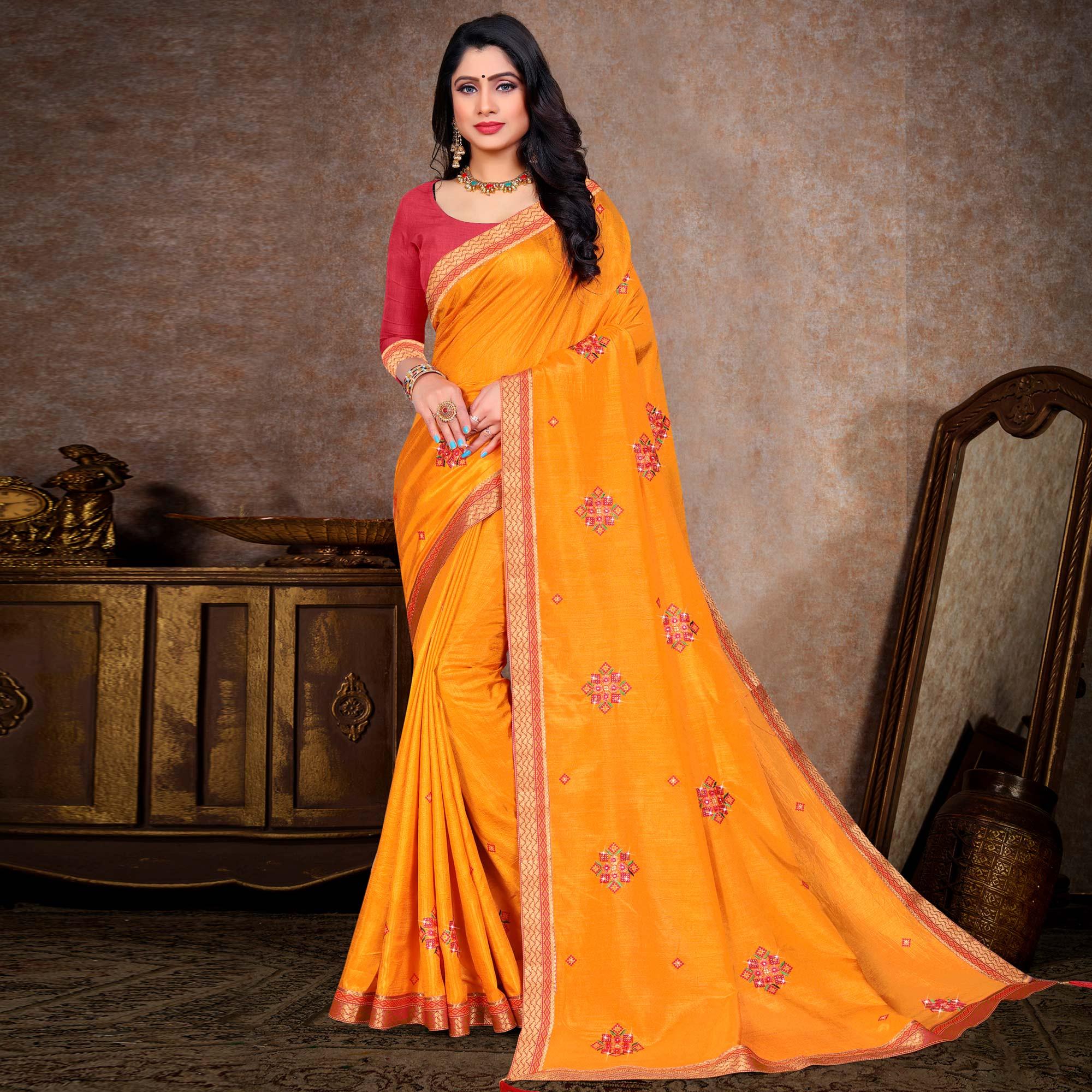 Yellow Embroidered Vichitra Silk Saree - Peachmode