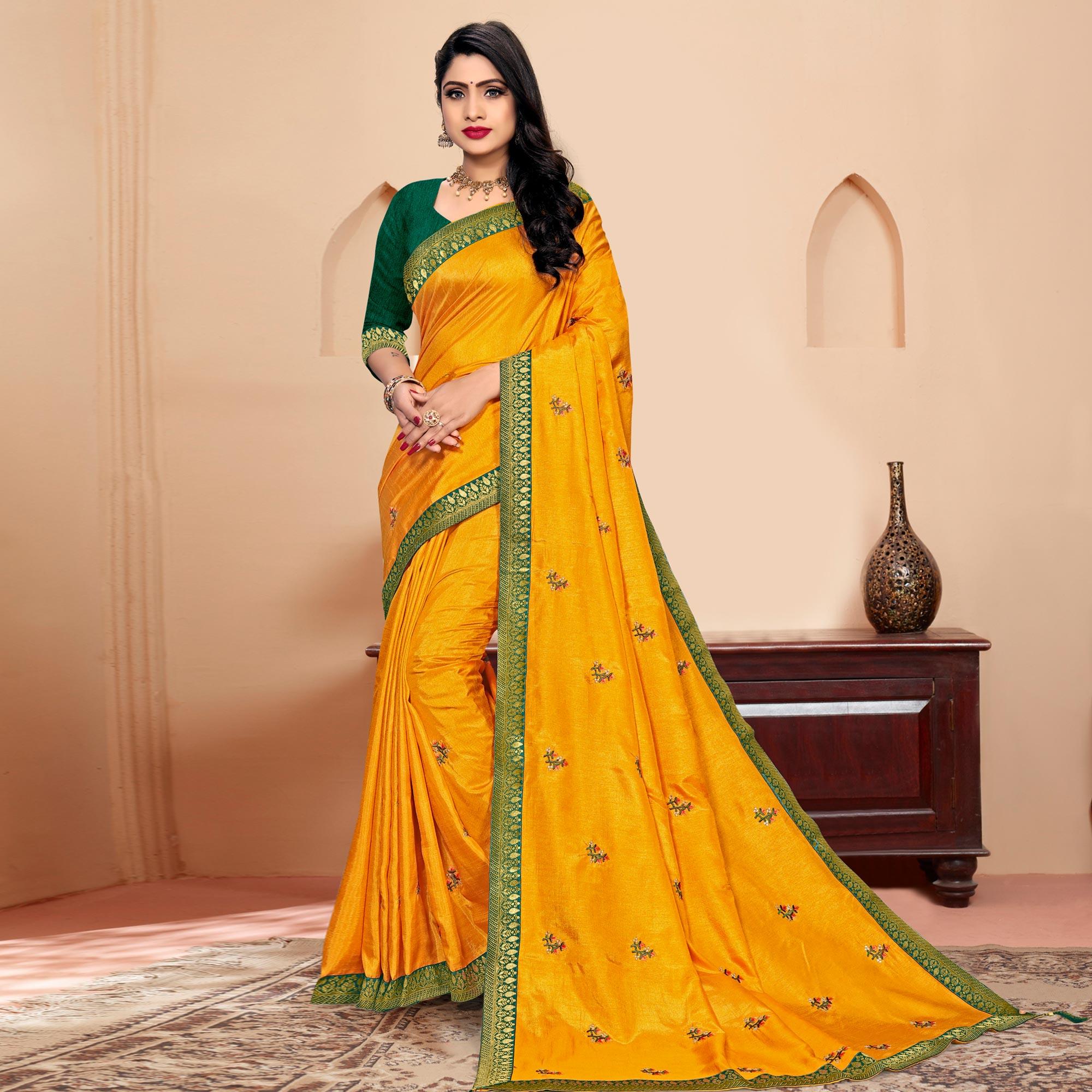 Yellow Embroidered Vichitra Silk Saree - Peachmode