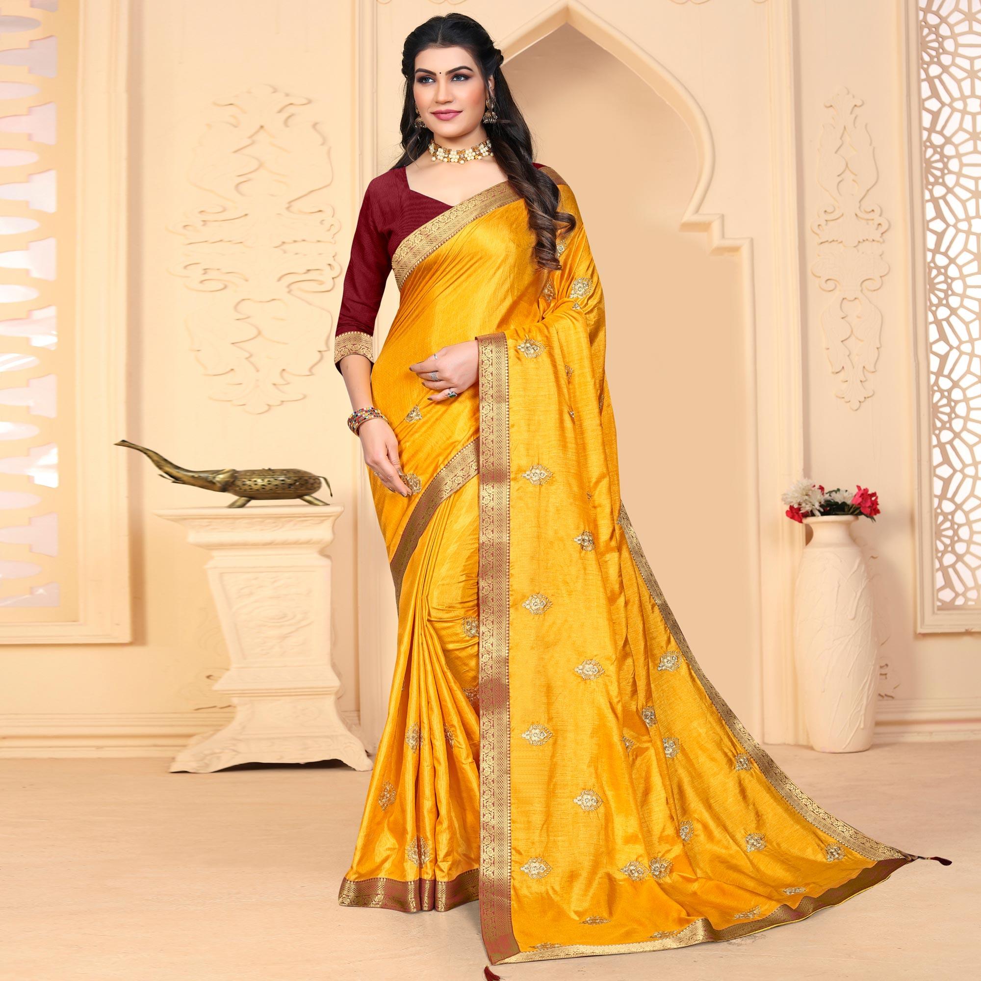 Yellow Embroidered Vichitra Silk Saree - Peachmode