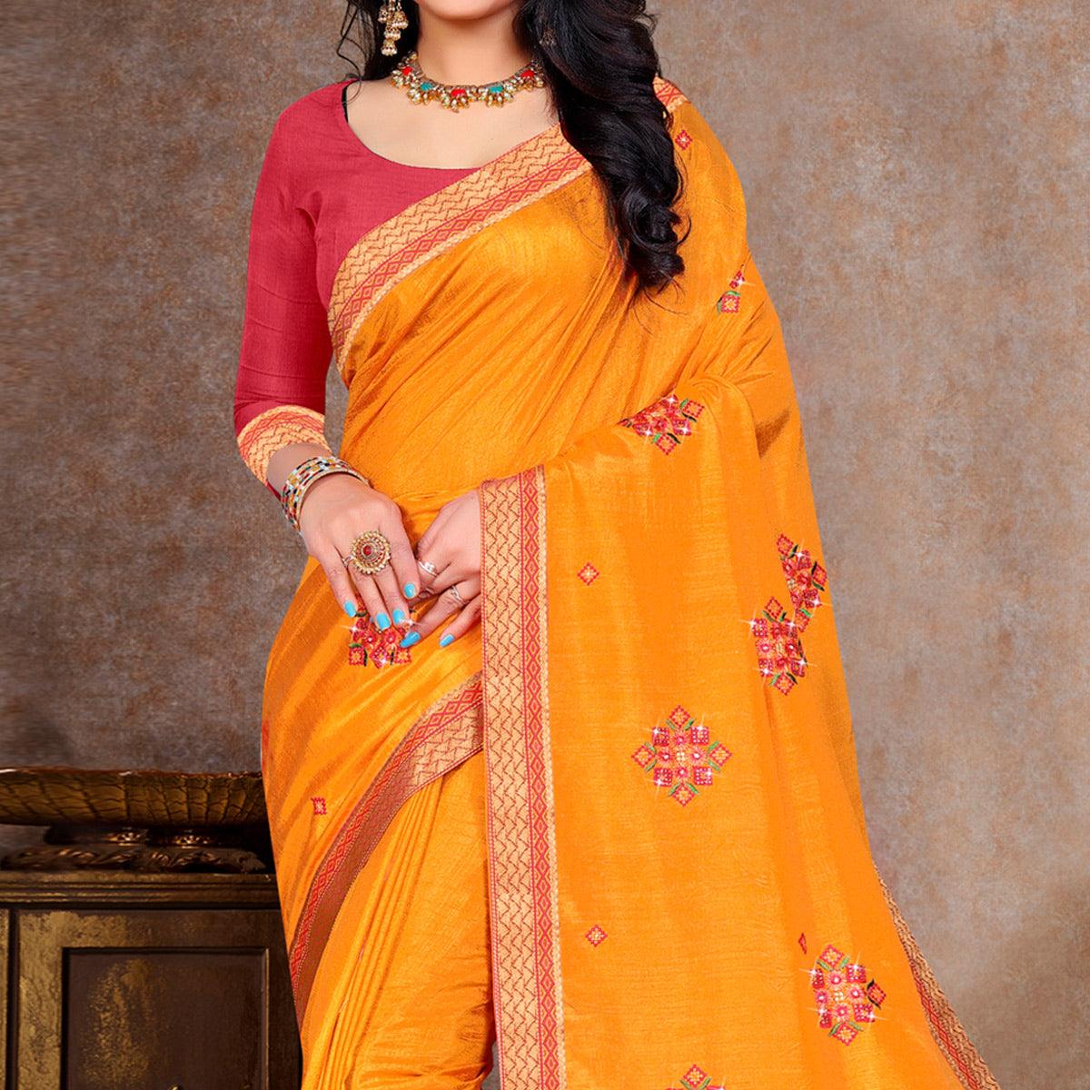 Yellow Embroidered Vichitra Silk Saree - Peachmode