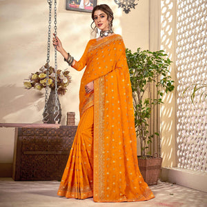 Yellow Embroidered Vichitra Silk Saree - Peachmode