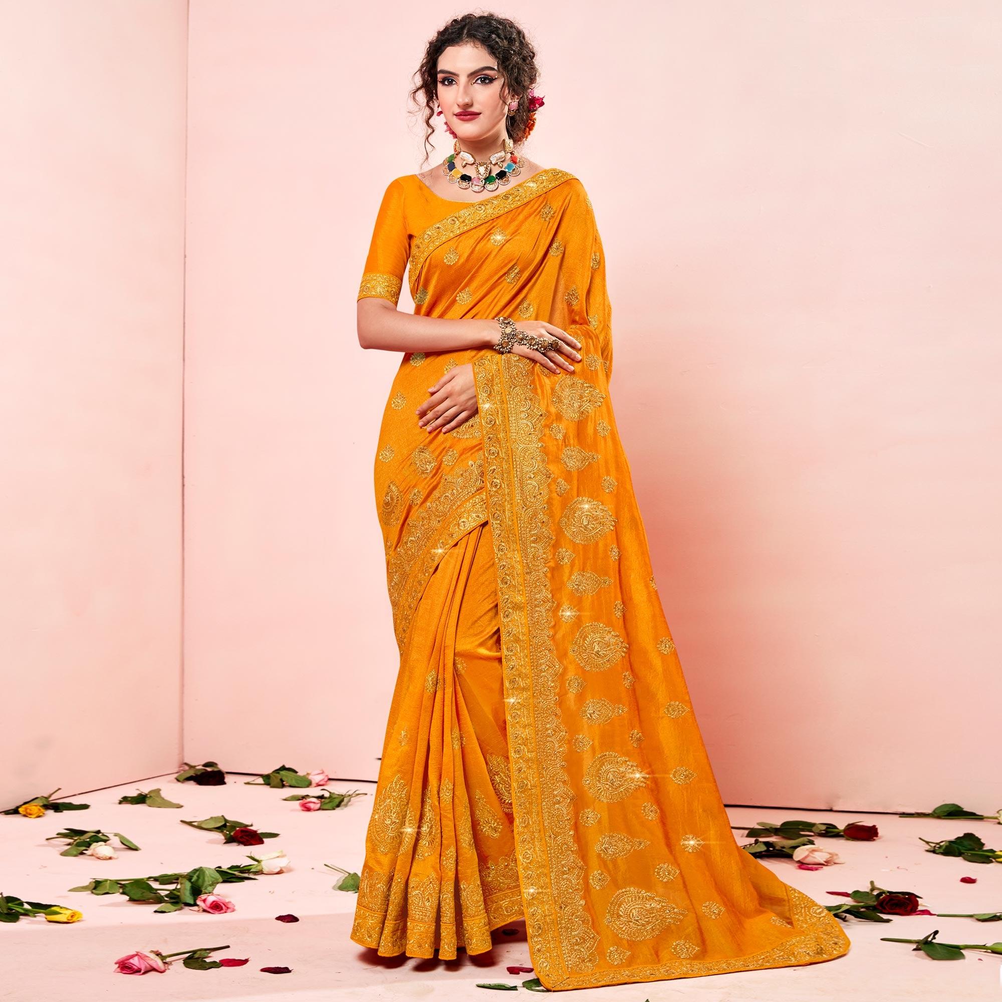Yellow Embroidered Vichitra Silk Saree - Peachmode