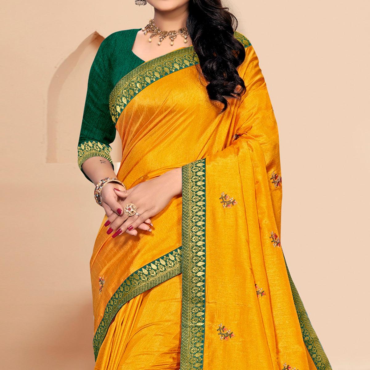 Yellow Embroidered Vichitra Silk Saree - Peachmode