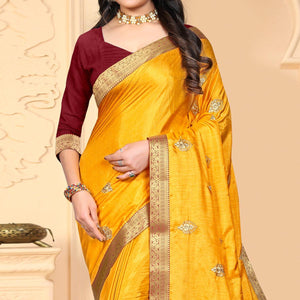 Yellow Embroidered Vichitra Silk Saree - Peachmode