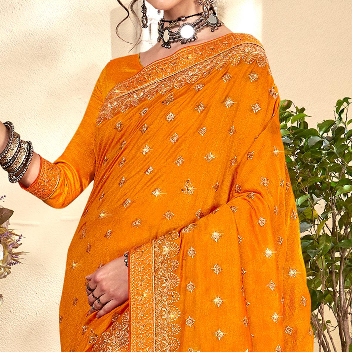 Yellow Embroidered Vichitra Silk Saree - Peachmode