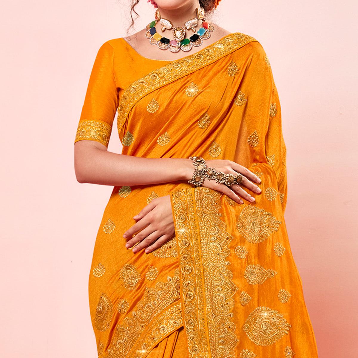 Yellow Embroidered Vichitra Silk Saree - Peachmode