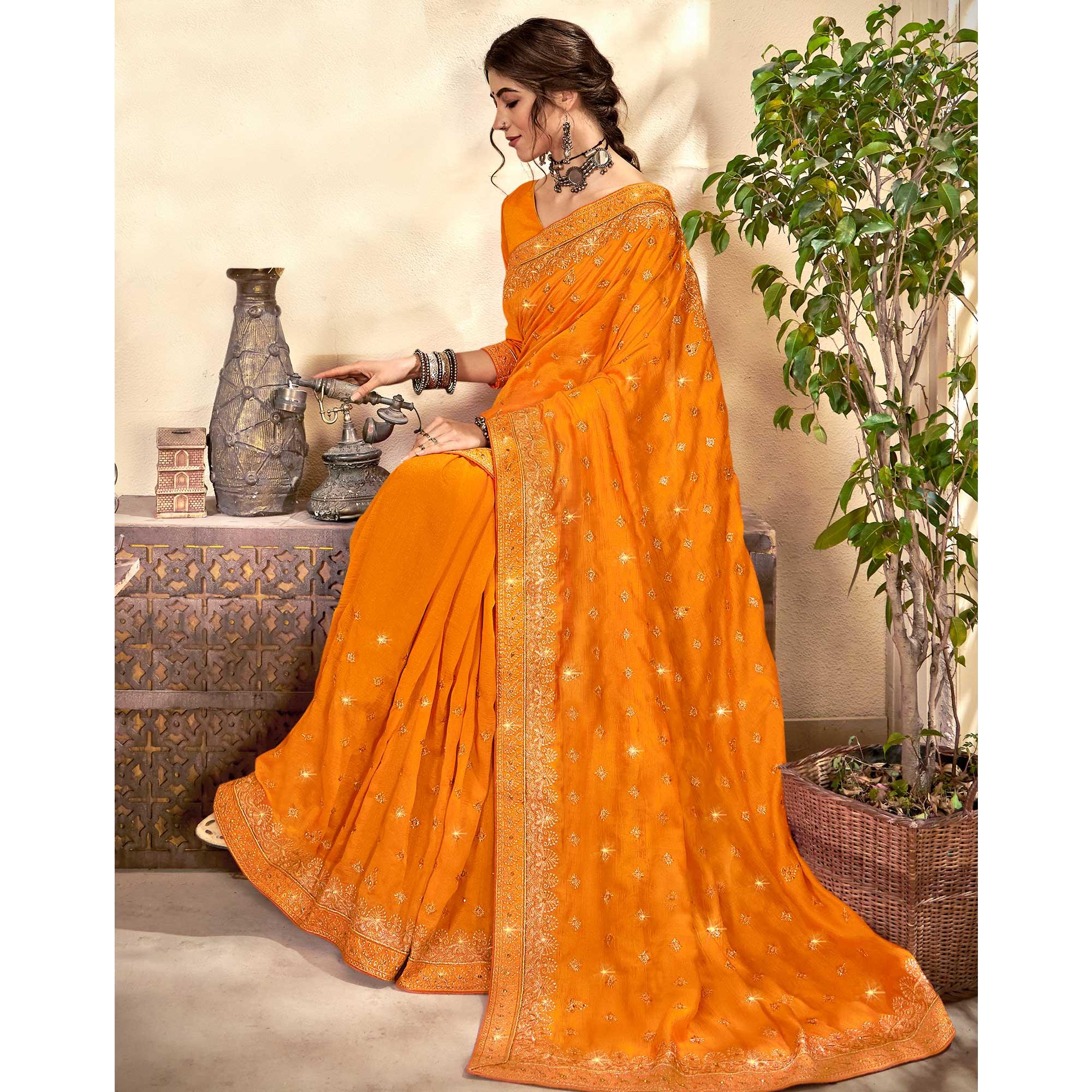 Yellow Embroidered Vichitra Silk Saree - Peachmode