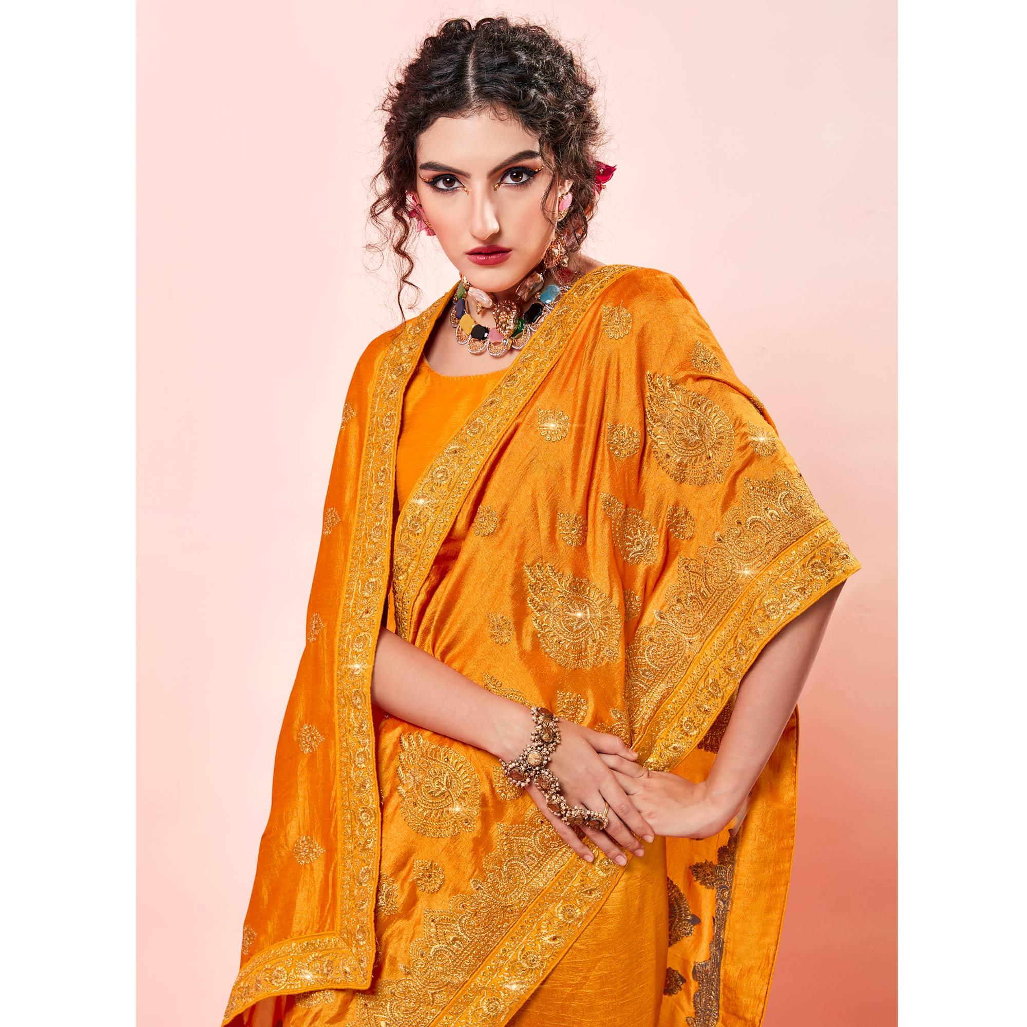 Yellow Embroidered Vichitra Silk Saree - Peachmode