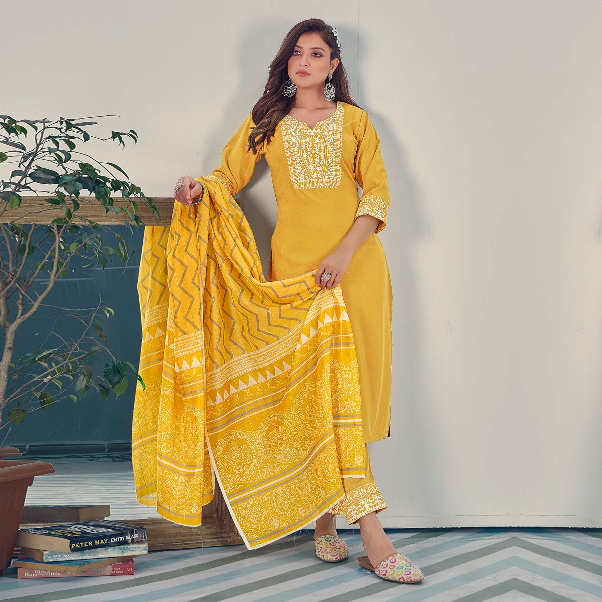 Yellow Embroidered With Embellished Chiffon Kurti Pant Set With Dupatta - Peachmode