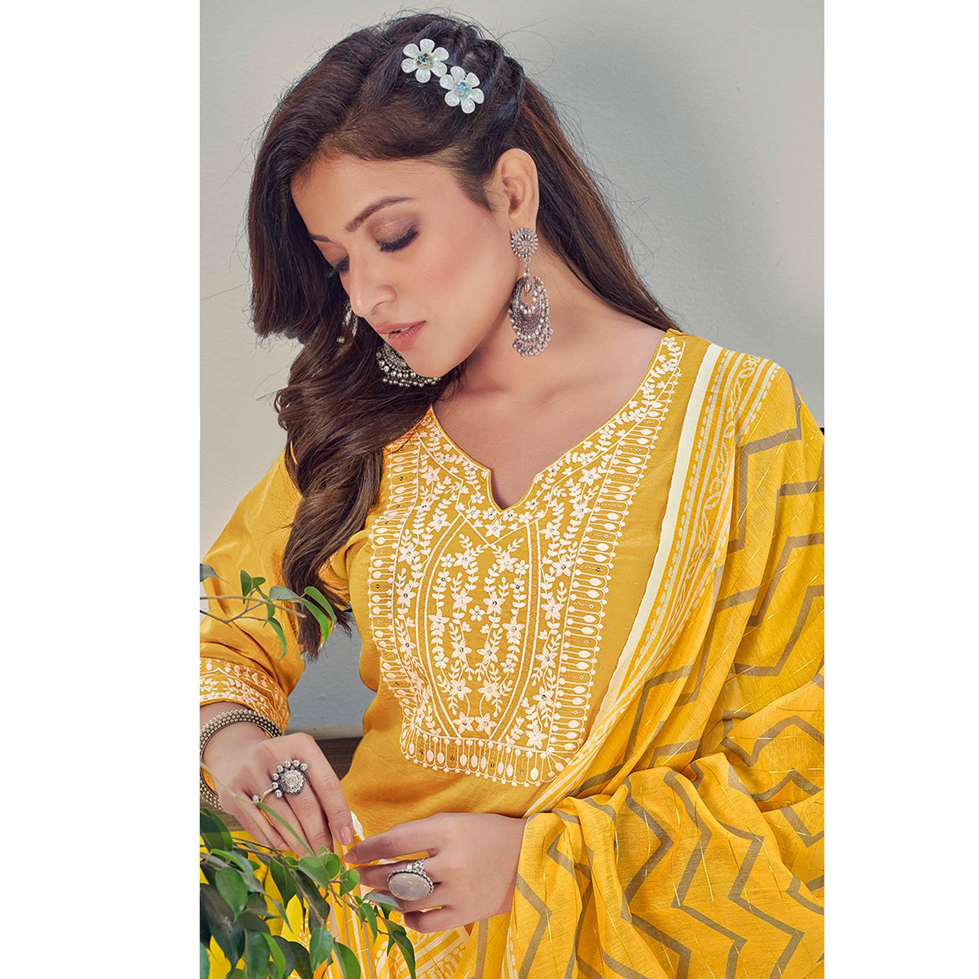 Yellow Embroidered With Embellished Chiffon Kurti Pant Set With Dupatta - Peachmode