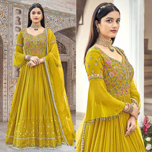 Yellow Embroidered With Embellished Georgette Anarkali Style Gown - Peachmode