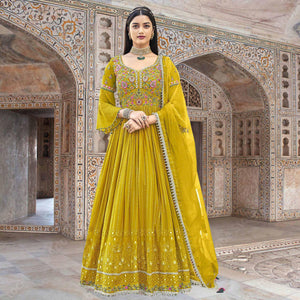 Yellow Embroidered With Embellished Georgette Anarkali Style Gown - Peachmode