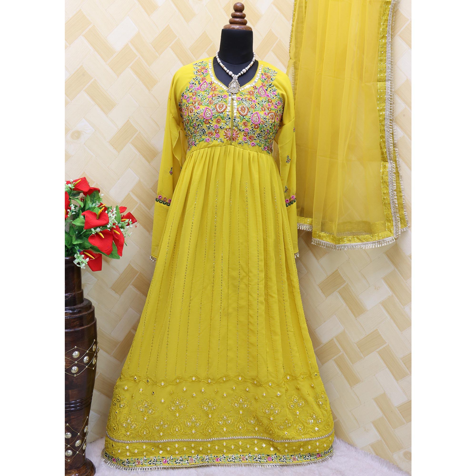 Yellow Embroidered With Embellished Georgette Anarkali Style Gown - Peachmode