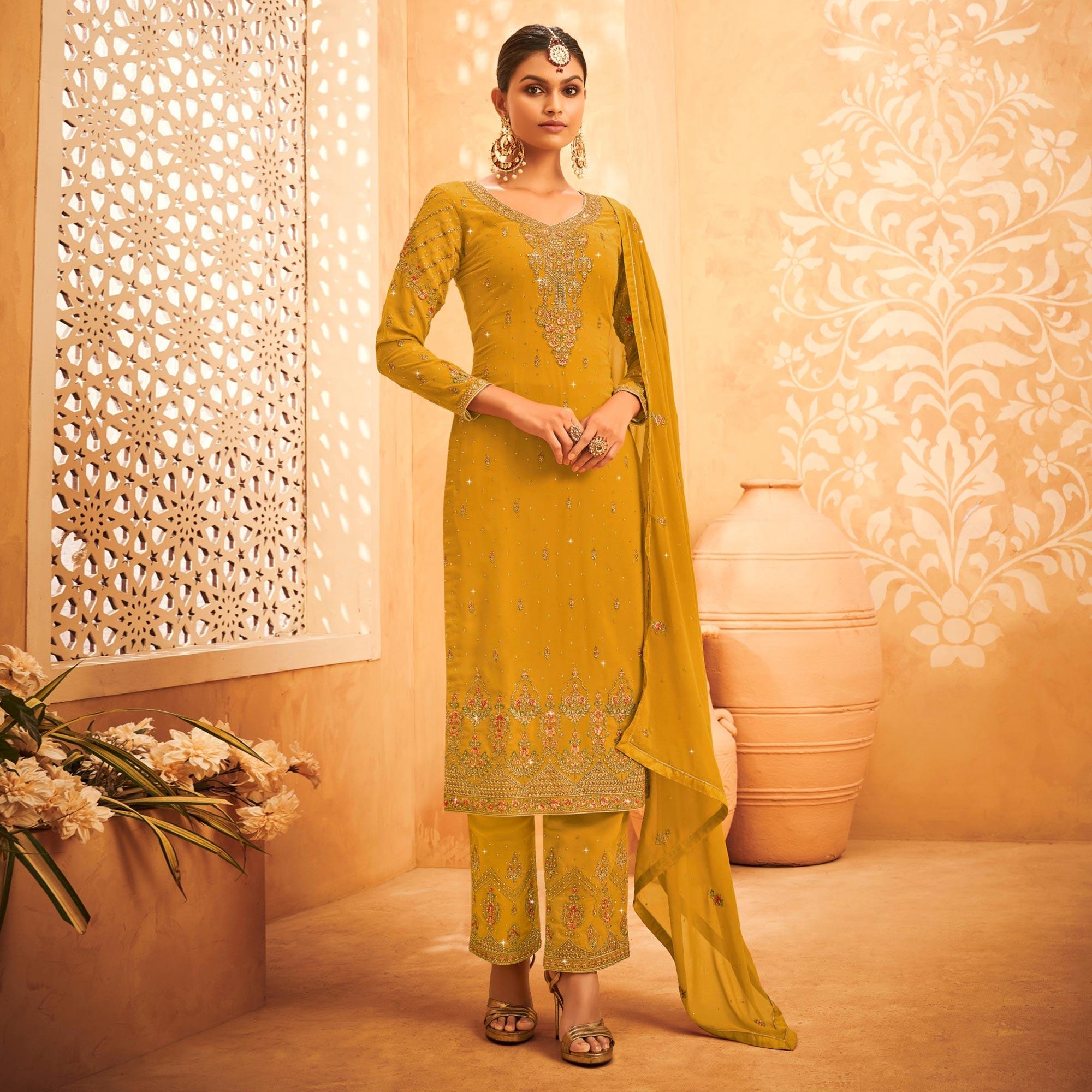 Yellow Embroidered With Embellished Georgette Palazzo Suit - Peachmode