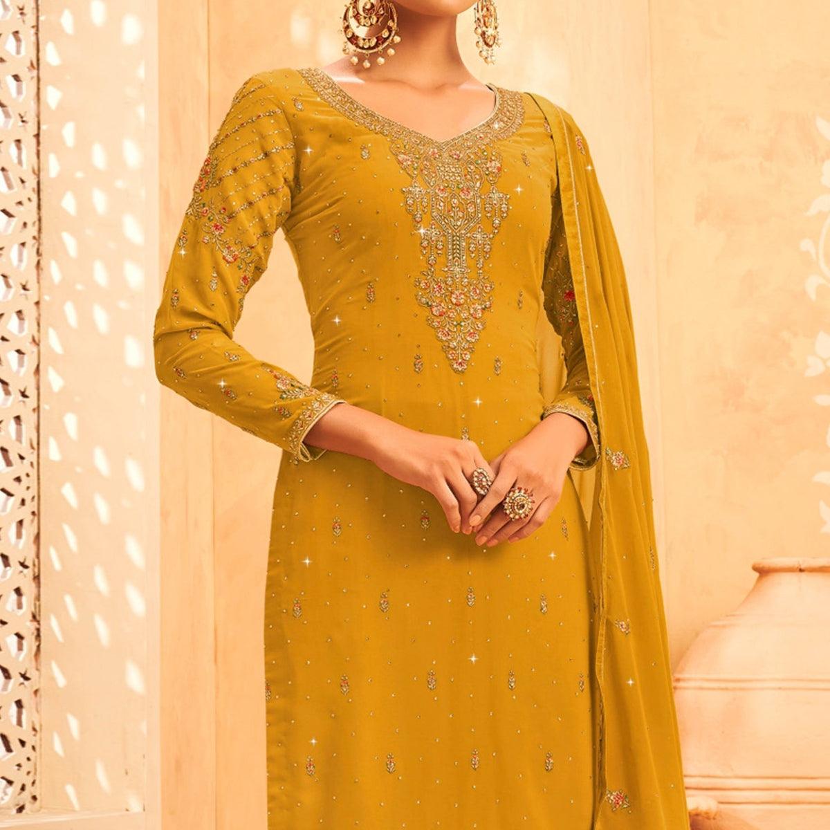 Yellow Embroidered With Embellished Georgette Palazzo Suit - Peachmode