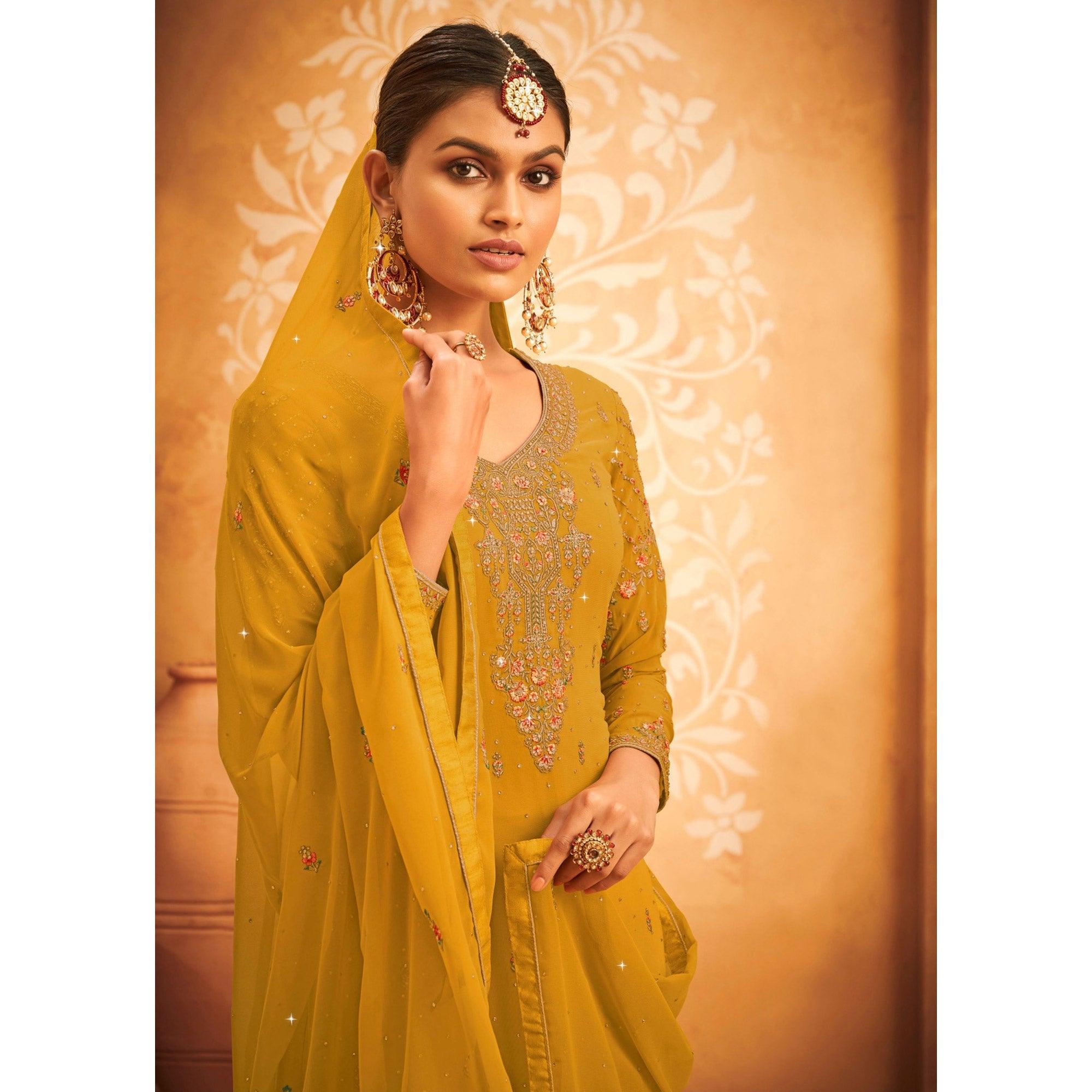 Yellow Embroidered With Embellished Georgette Palazzo Suit - Peachmode