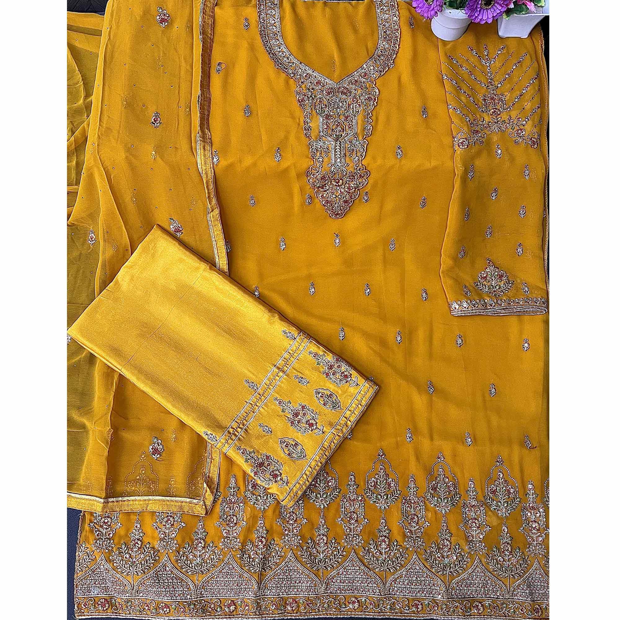 Yellow Embroidered With Embellished Georgette Palazzo Suit - Peachmode