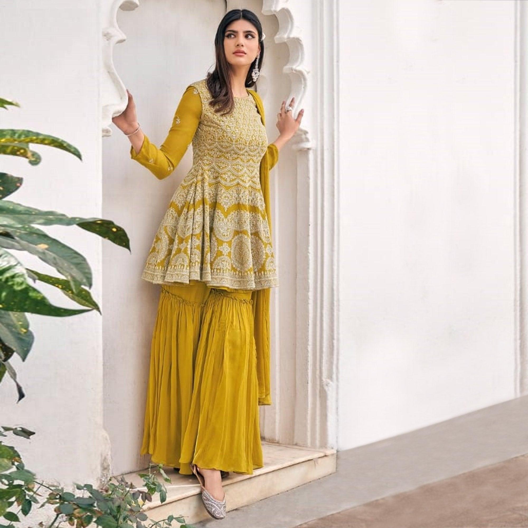 Yellow Embroidered With Embellished Georgette Sharara Suit - Peachmode