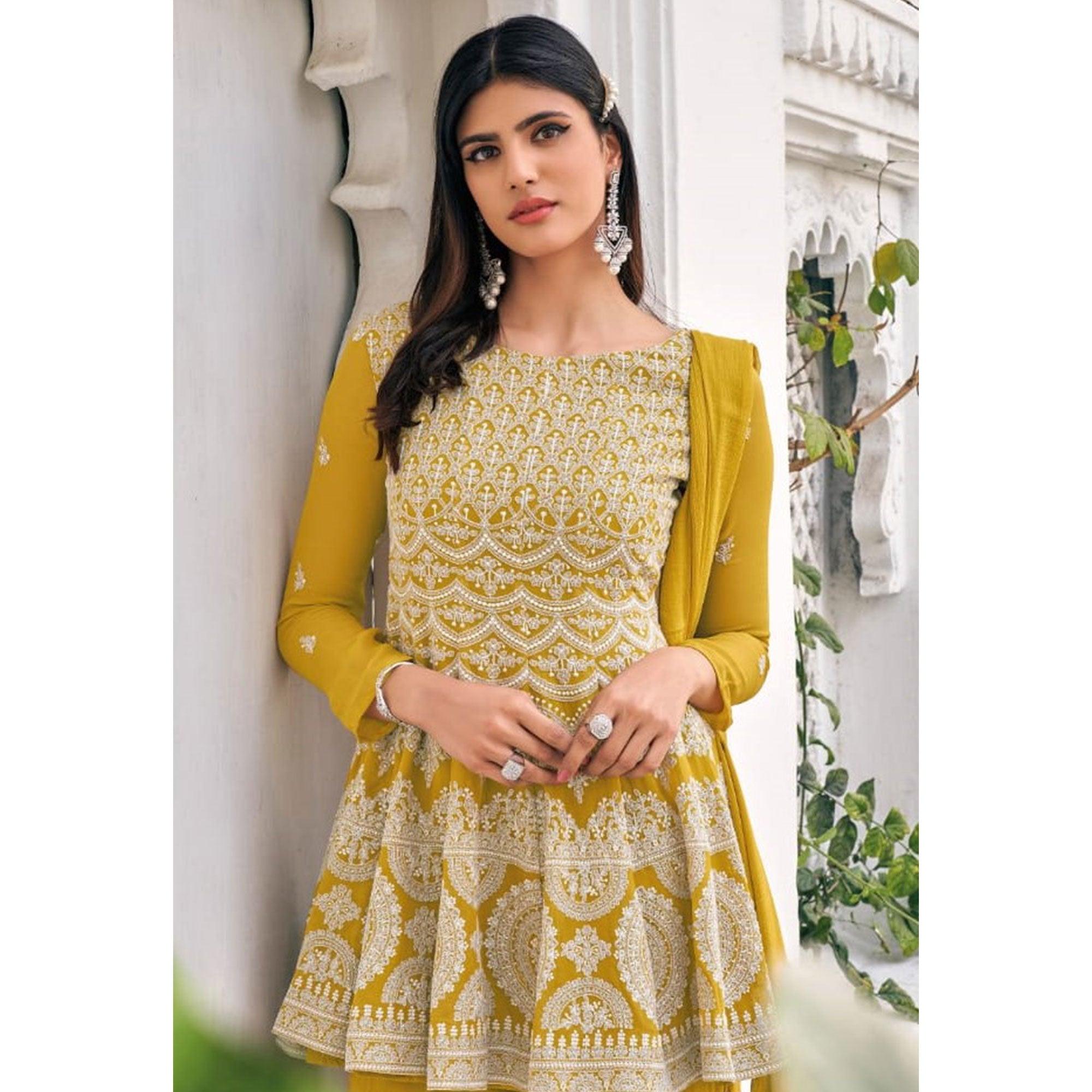 Yellow Embroidered With Embellished Georgette Sharara Suit - Peachmode