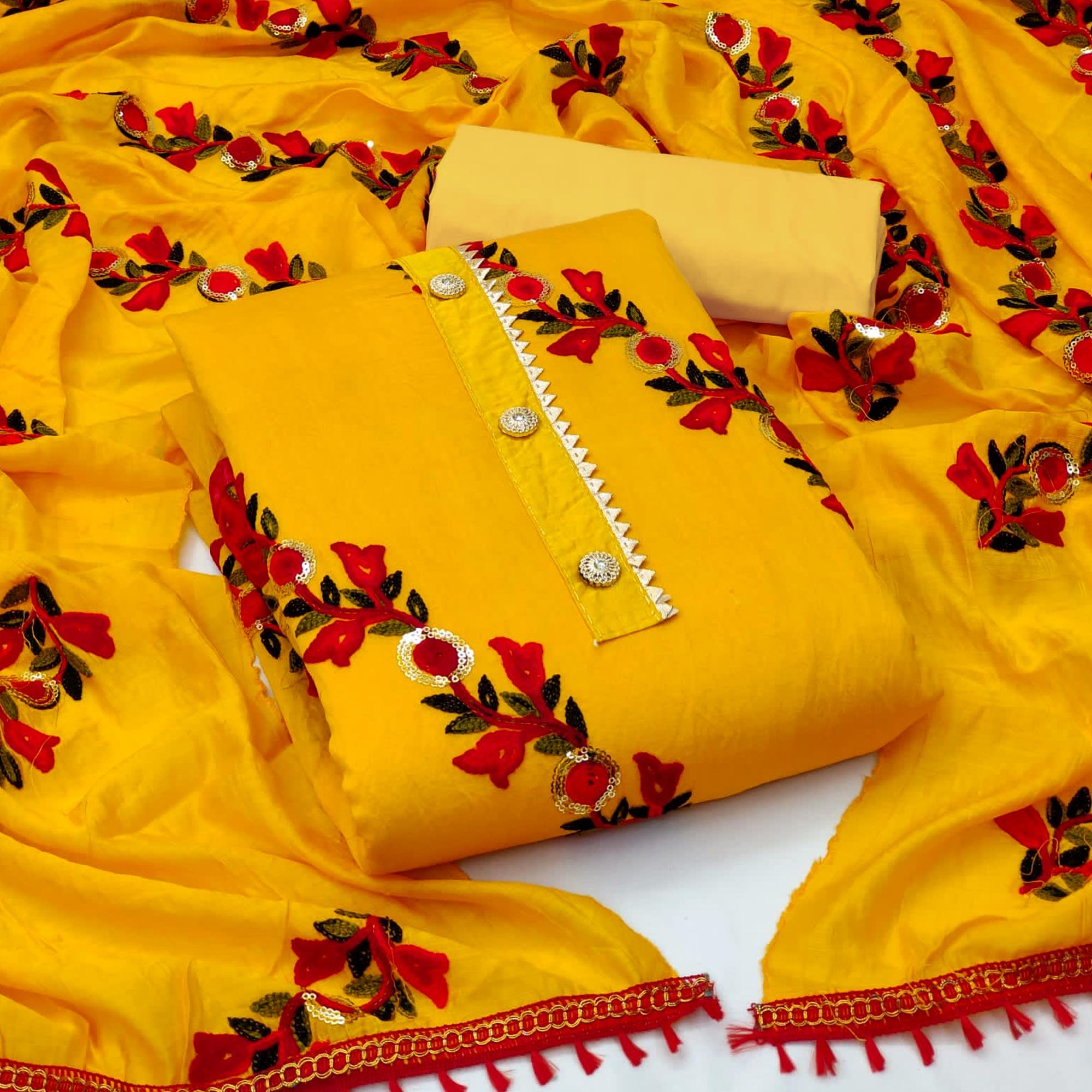 Yellow Embroidered With Embellished Poly Cotton Dress Material - Peachmode