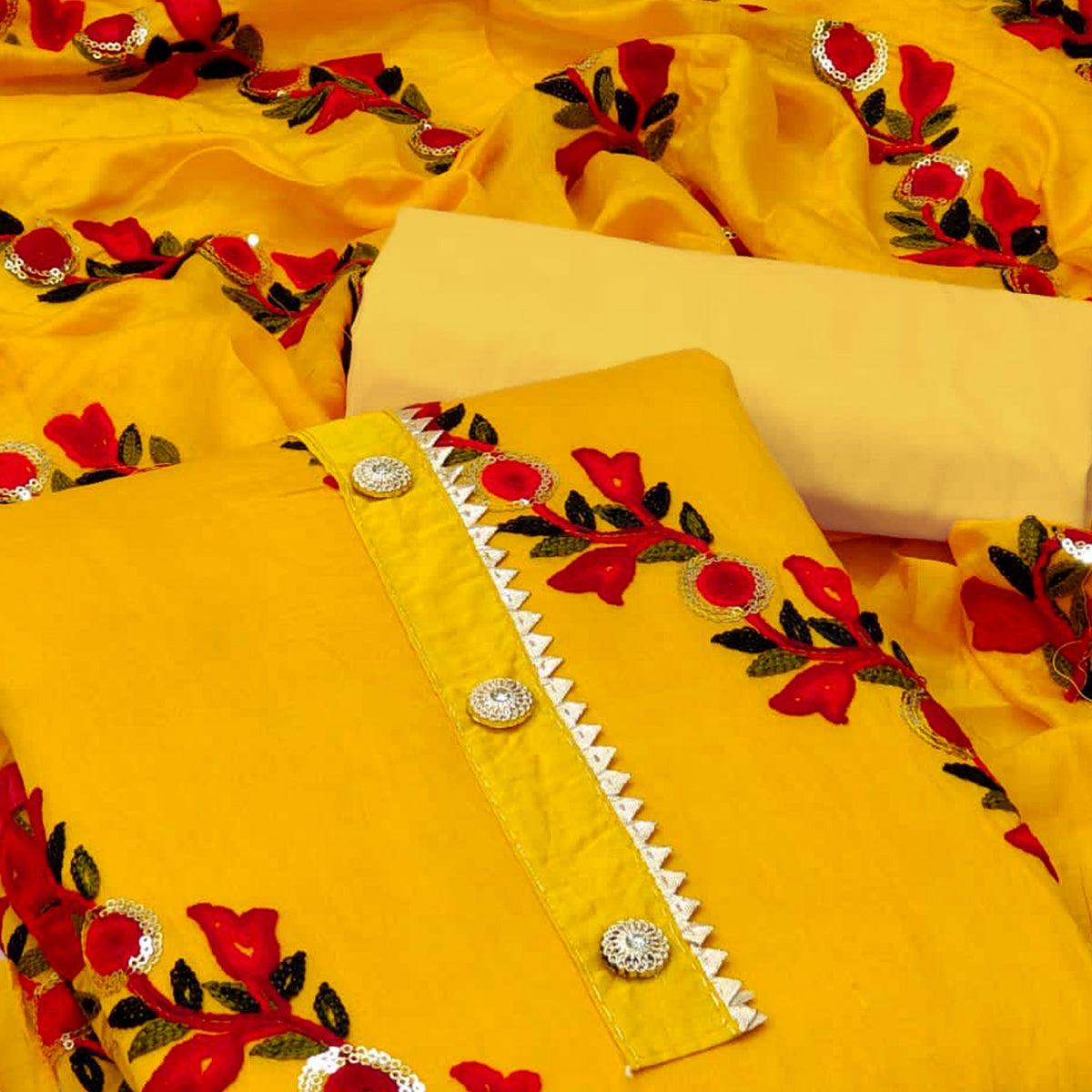 Yellow Embroidered With Embellished Poly Cotton Dress Material - Peachmode