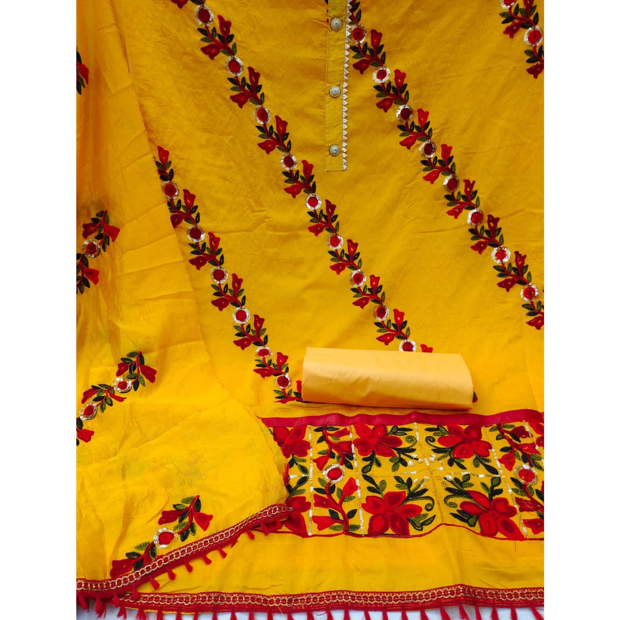 Yellow Embroidered With Embellished Poly Cotton Dress Material - Peachmode