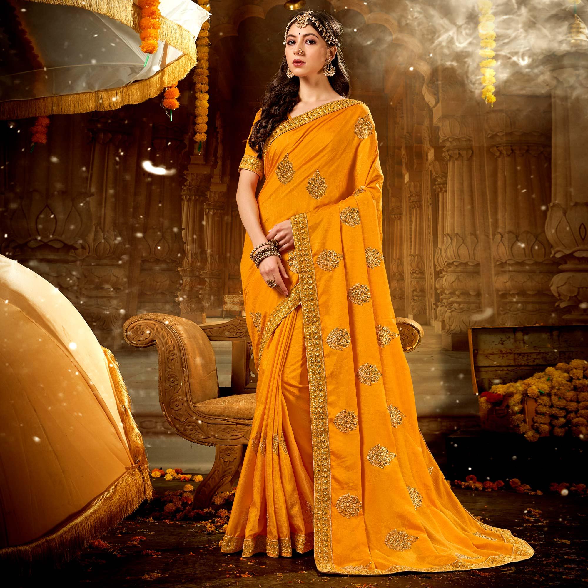 Yellow Embroidered With Embellished Vichitra Silk Saree - Peachmode