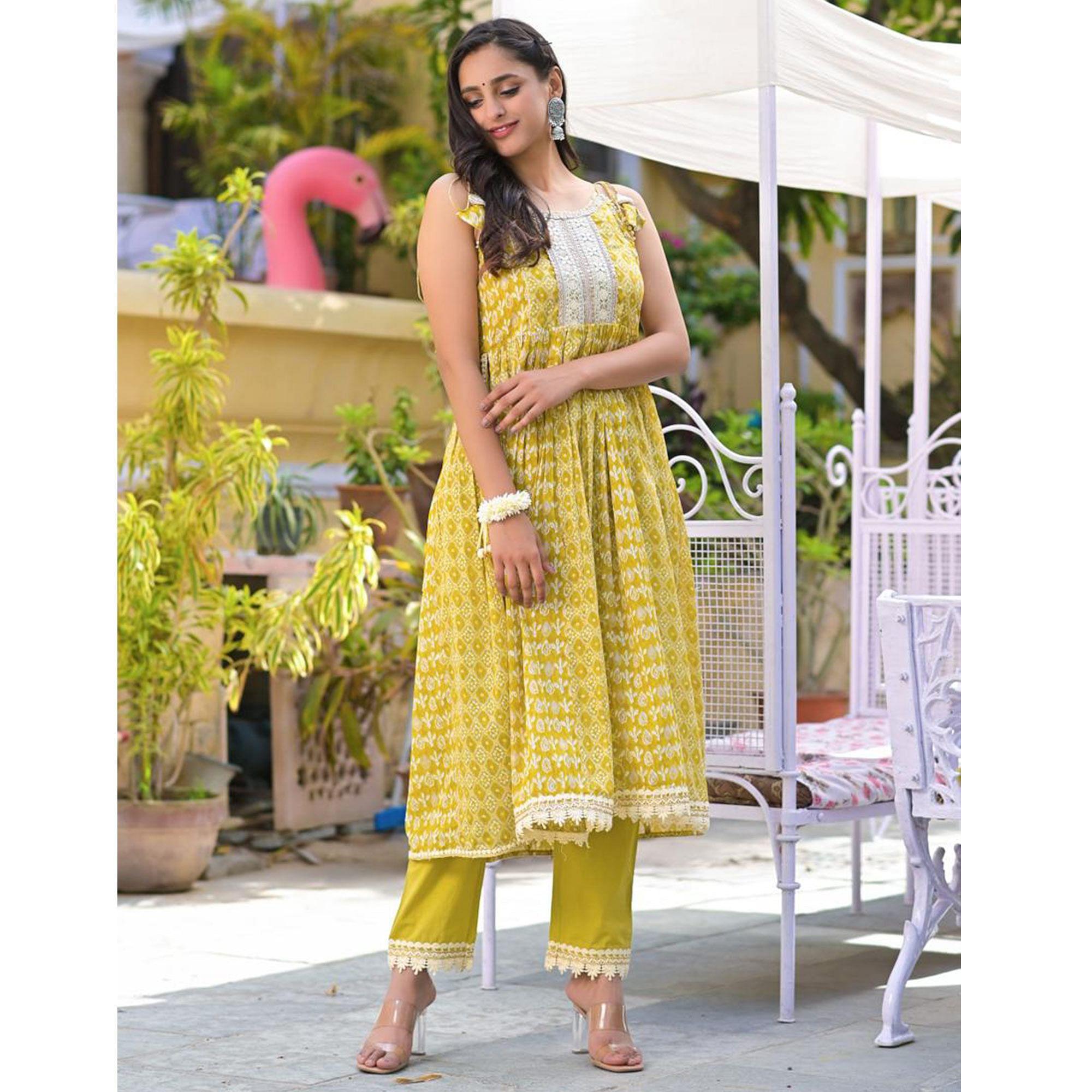 Yellow Embroidered With Printed Cotton Anarkali Suit - Peachmode