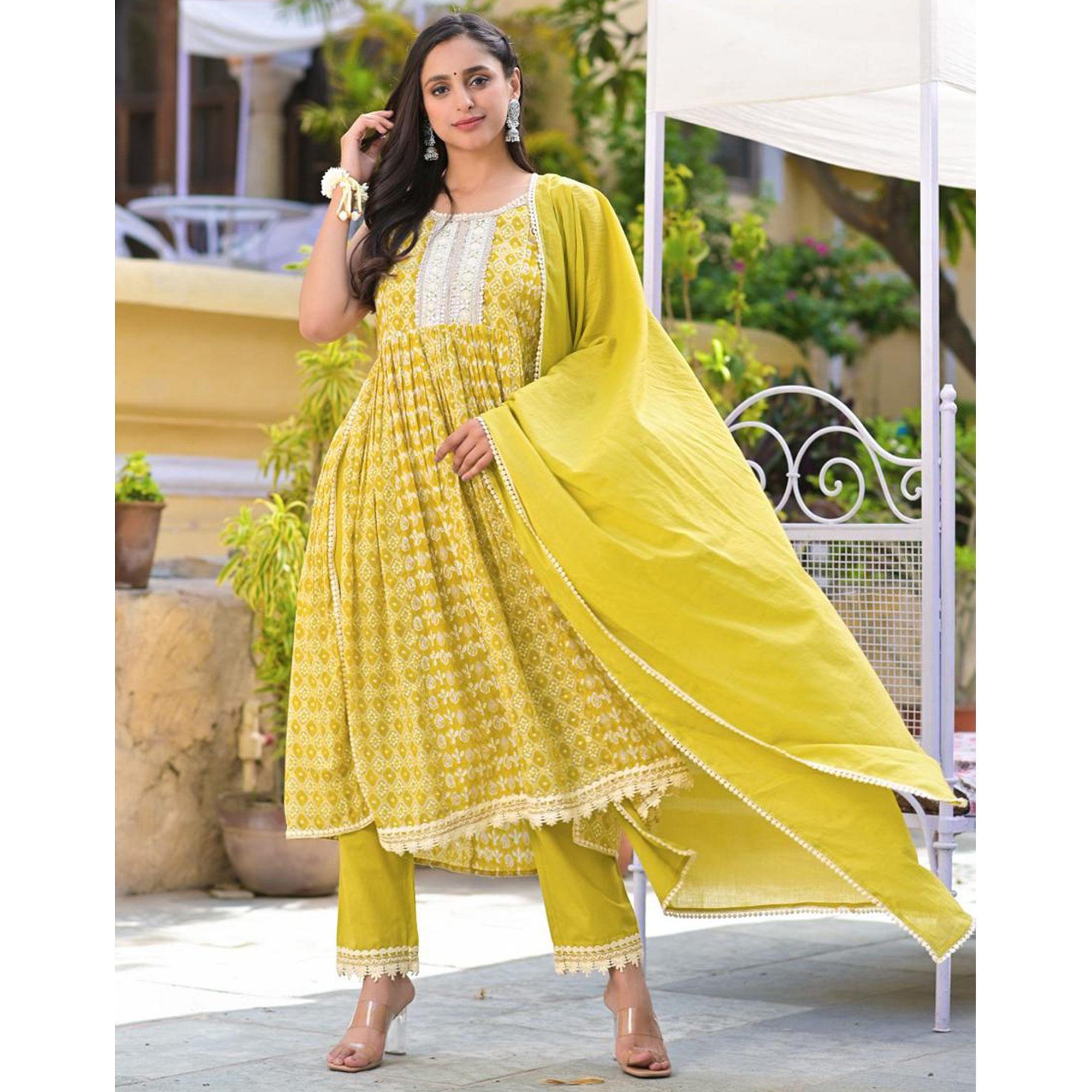 Yellow Embroidered With Printed Cotton Anarkali Suit - Peachmode