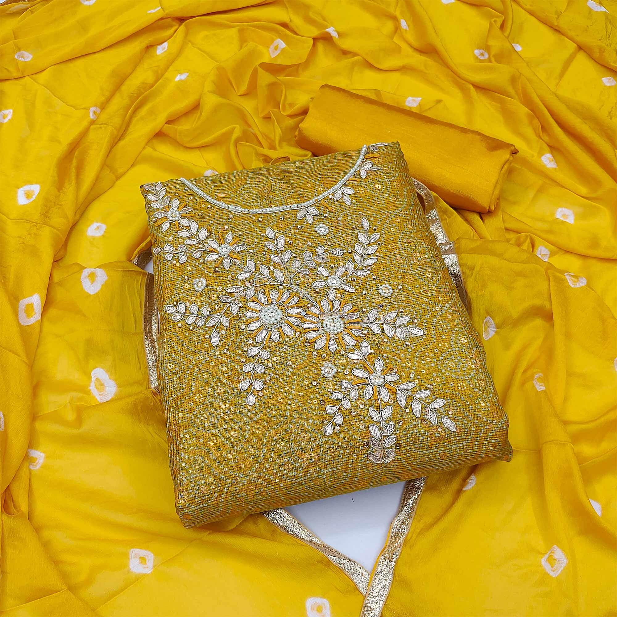 Yellow Embroidered With Printed Khaadi Dress Material - Peachmode