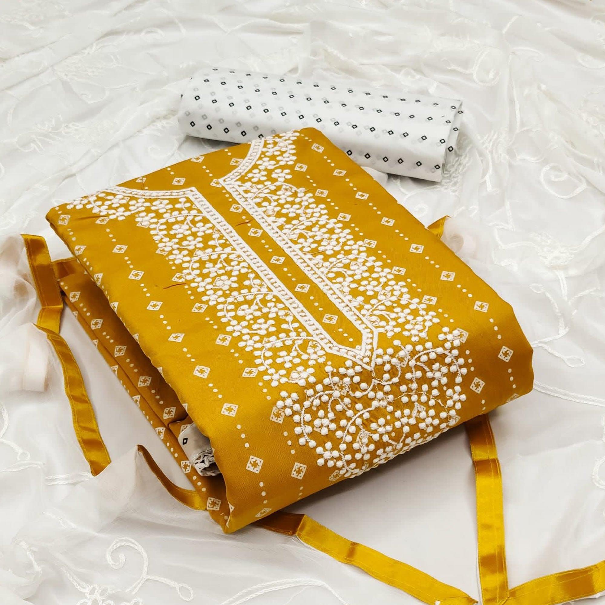 Yellow Embroidered With Printed Rayon Dress Material - Peachmode