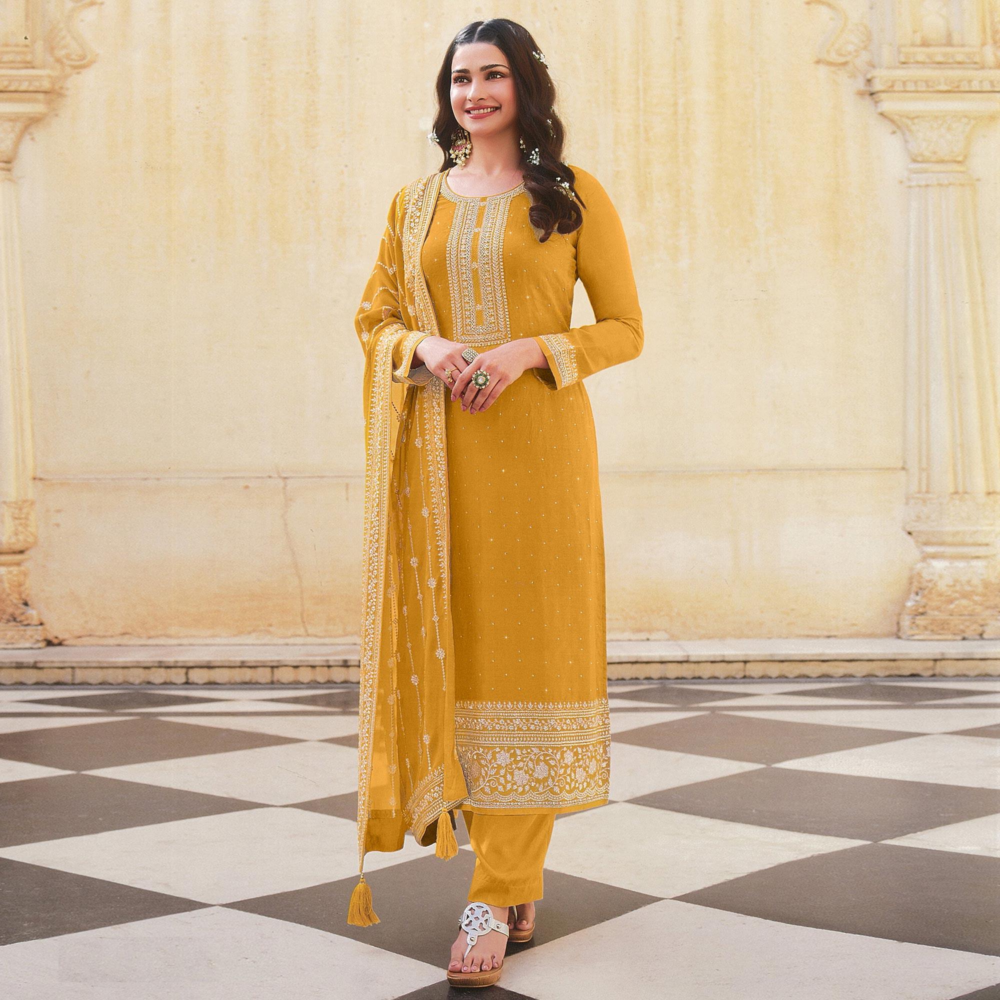 Yellow Embroidered With Swarovski Work Dola Silk Salwar Suit - Peachmode