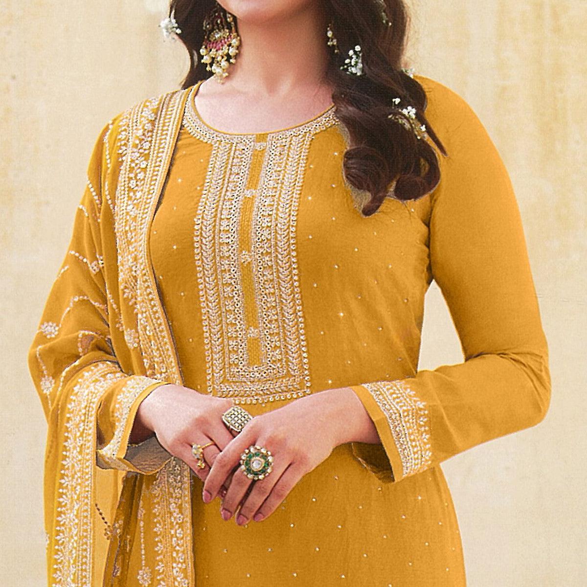Yellow Embroidered With Swarovski Work Dola Silk Salwar Suit - Peachmode