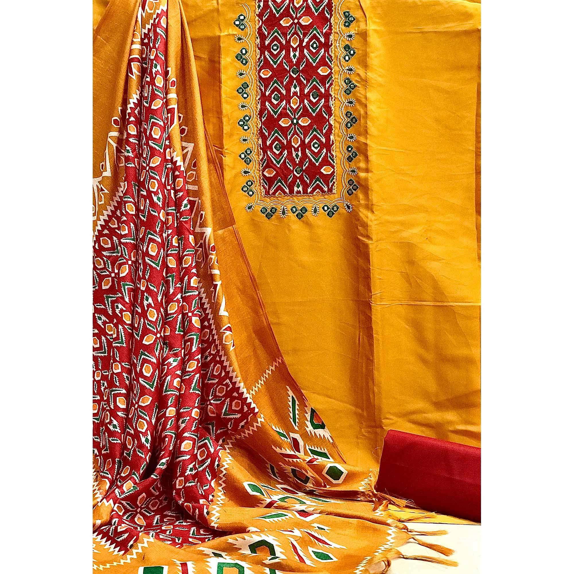 Yellow Embroidery With Embellished Cotton Dress Material - Peachmode