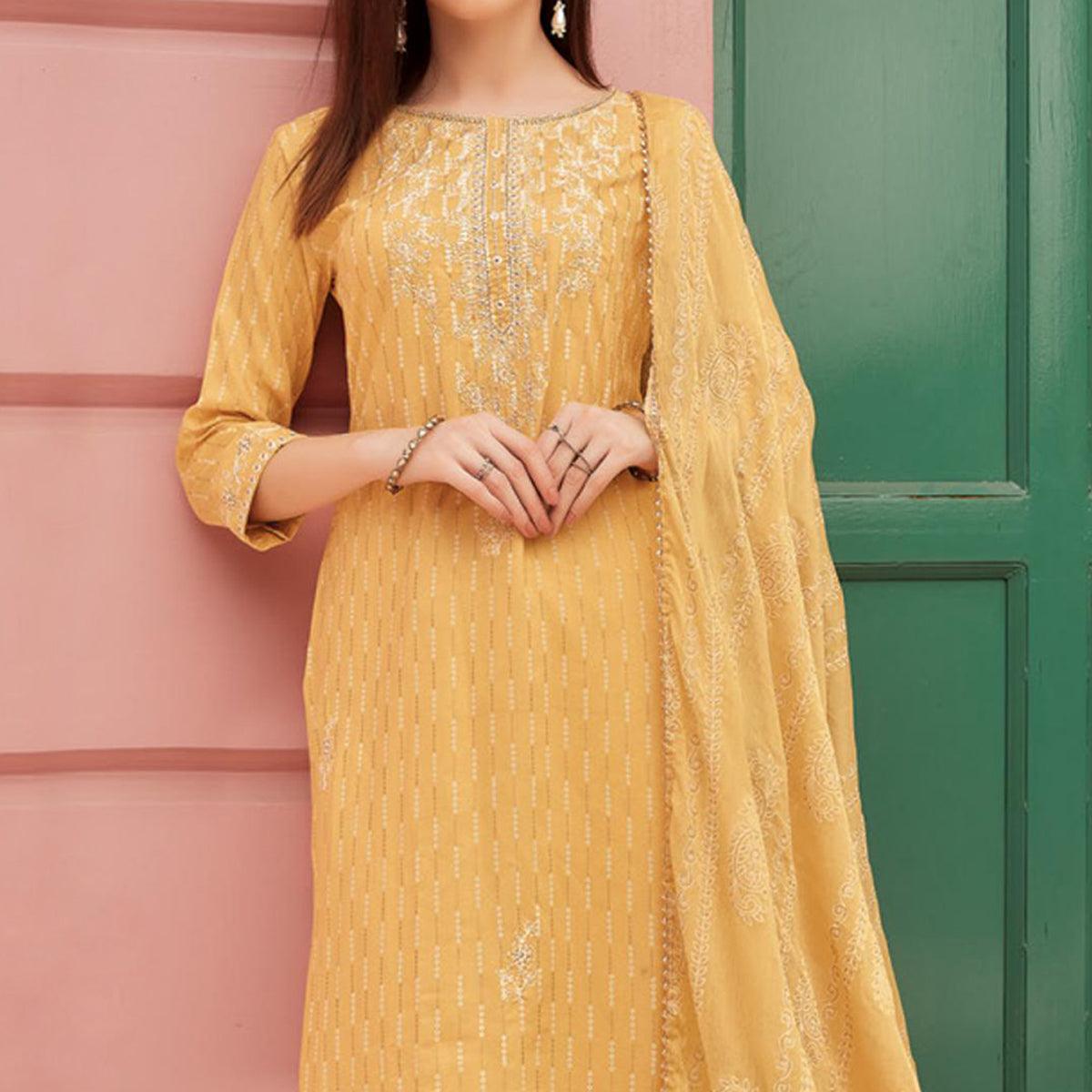 Yellow Embroidery With Printed Pure Cotton Kurti Pant Set With Dupatta - Peachmode